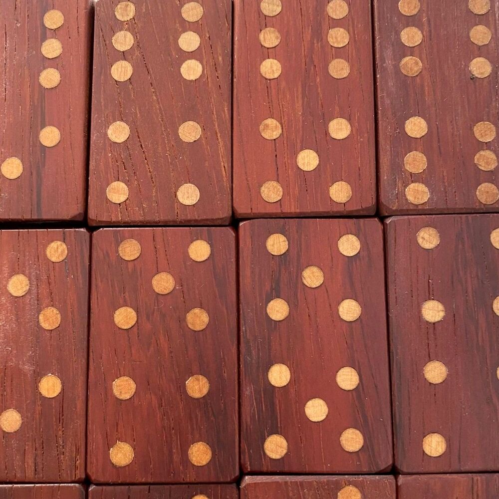 Vintage Wooden Dominoes Set Double 6 Handcrafted Red Wood 28 Tiles Velvet Bag